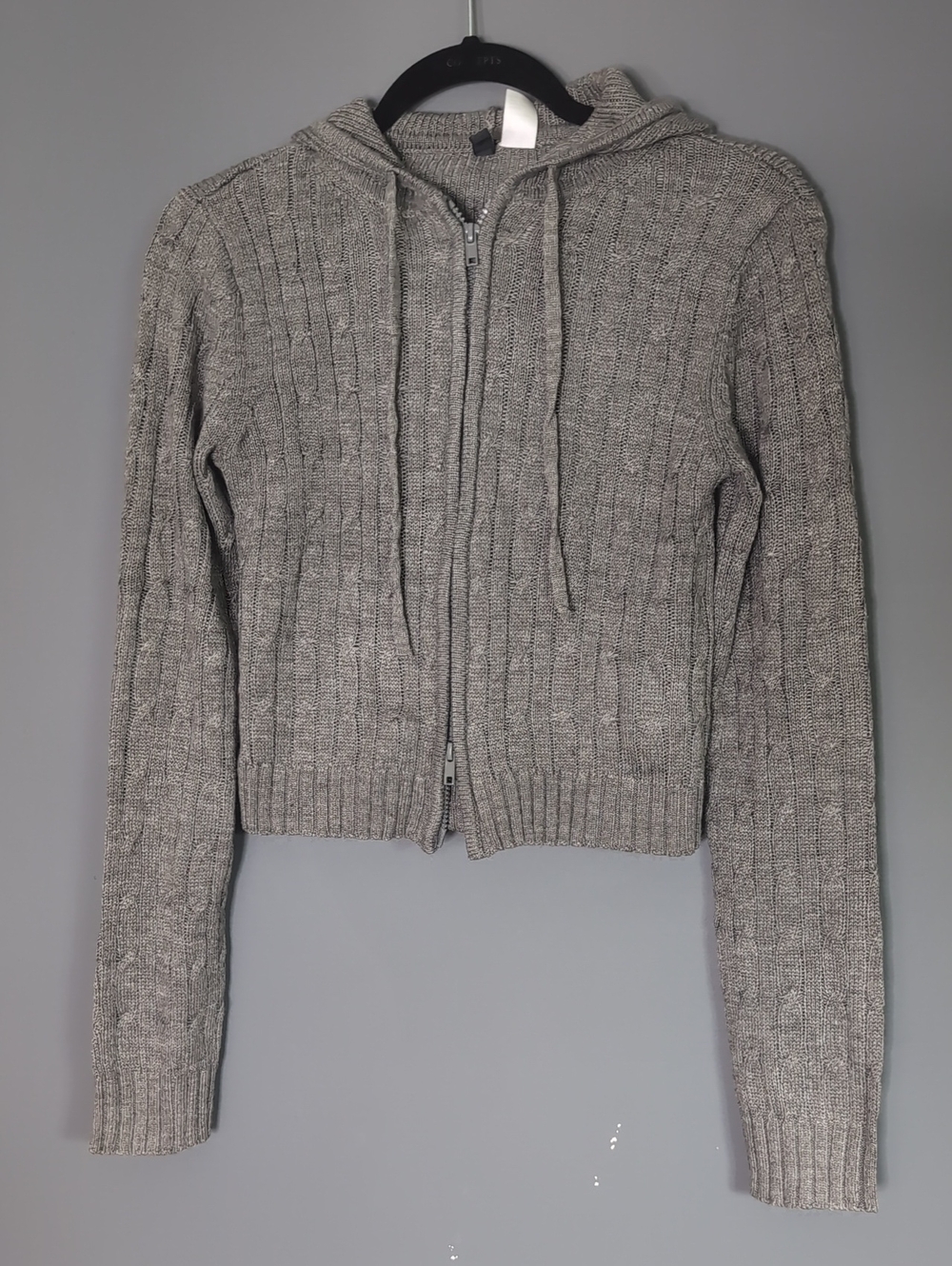 Grey Cable Knit Zip Hoodie Sweater